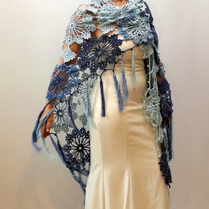 Blue boho shawl, lacy evening wrap, handmade fringed scarf image 7