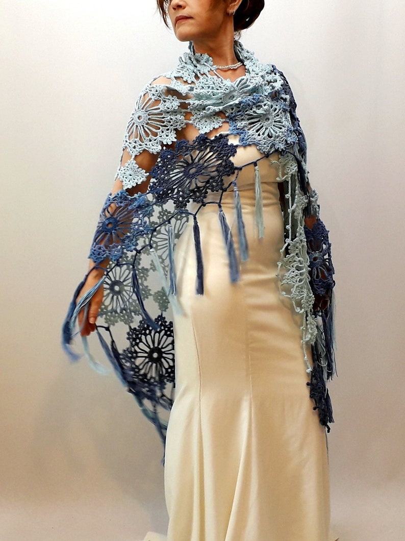 Blue boho shawl, lacy evening wrap, handmade fringed scarf image 7