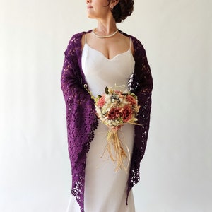 Purple plum shawl, aubergine wrap, lace cover up, mohair evening shawl, crochet bridal stole, wedding gift, mother of bride, handmade shawl
