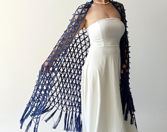 Chal de noche azul vaquero, chal de encaje con flecos, bufanda transparente de encaje
