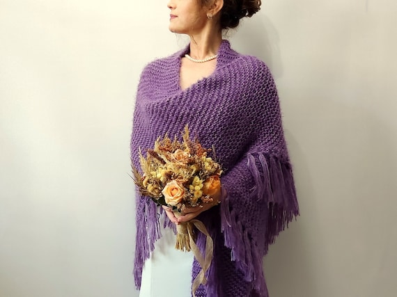 Violet Mohair Shawl: Fuzzy Fringed Wedding Wrap