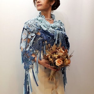 Blue boho shawl, lacy evening wrap, handmade fringed scarf image 4