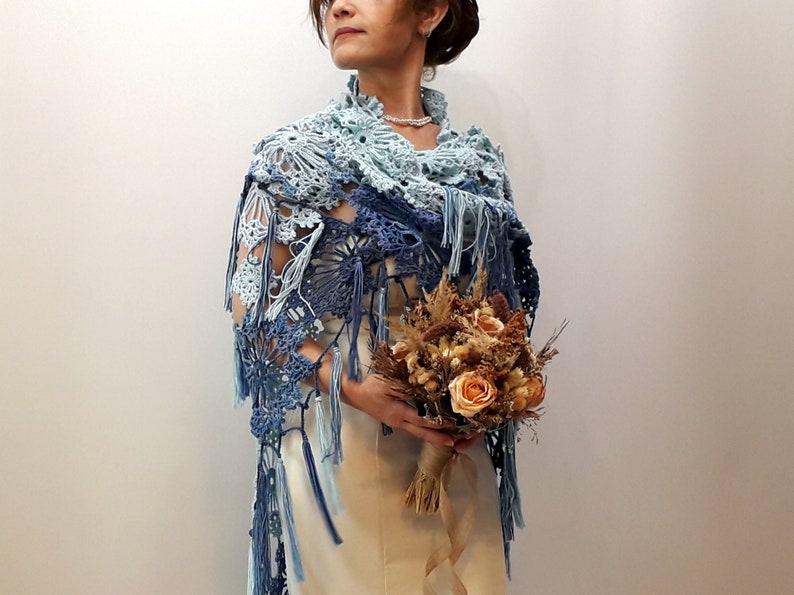 Blue boho shawl, lacy evening wrap, handmade fringed scarf image 4