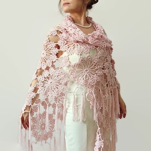 Soft pink shawl, light rose wrap, evening cover up, cotton summer scarf, bridal wedding shawl, gift for her, fringed boho wrap