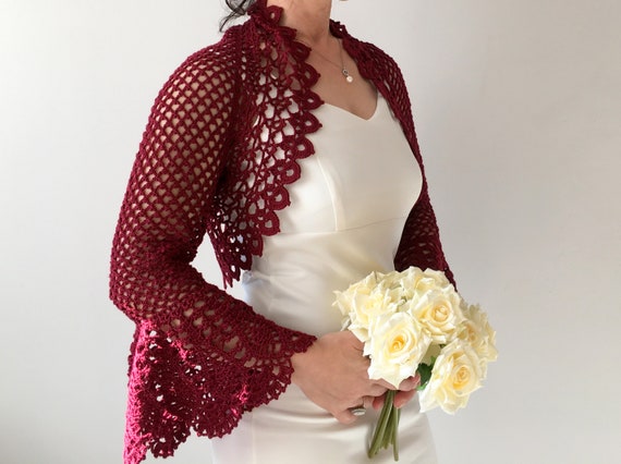 Avond de bolero, zomer jas, Bell mouw trui, gehaakte wijn Cardigan, bordo, Bordeaux Lace top, bruiloft Bolero, XS 4XL, snelle verzending Avond de bolero, zomer jas, Bell mouw trui, gehaakte wijn Cardigan, bordo, Bordeaux Lace top, bruiloft Bolero, XS 4XL, snelle verzending