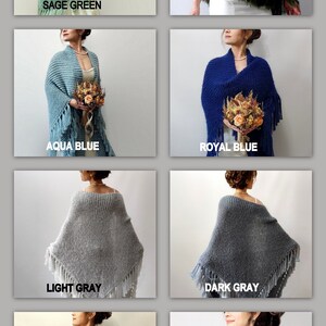 May include: A collection of eight knitted shawls in various colors, including sage green, green, aqua blue, royal blue, light gray, dark gray, violet, and black. Each shawl features a fringed edge.
