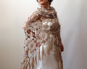 Camel Beige Cotton Shawl, Crochet Lacy Evening Wrap