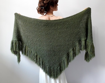 Green wedding shawl, knit fuzzy wrap, olive bridal cover up, wool shawl, fall winter wedding, bridesmaid gift, warm, fringed, mohair, gift