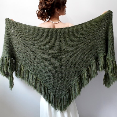 Green mohair evening shawl, bridal wedding wrap, handmade wool scarf