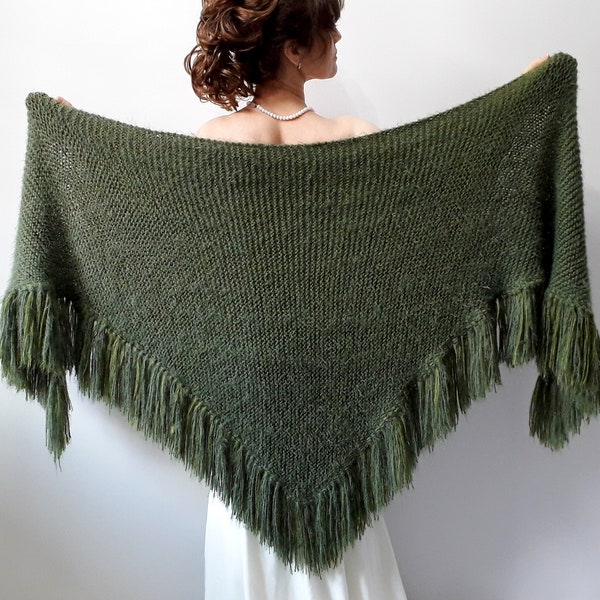 Green wedding shawl, knit fuzzy wrap, olive bridal cover up, wool shawl, fall winter wedding, bridesmaid gift, warm, fringed, mohair, gift
