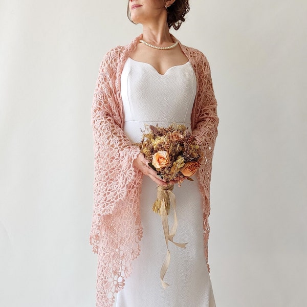 Dusty rose shawl, blush wedding wrap, pale pink cover up, mohair scarf, lace evening shawl, fall winter wedding, triangular