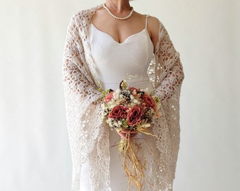Bone shawl, old lace wedding wrap, bridal wrap, evening scarf, mohair cover up, fall winter wedding, gift for her, crochet triangular shawl
