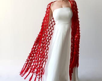 Chal de noche de malla roja, chal con flecos hecho a mano, bufanda triangular transparente