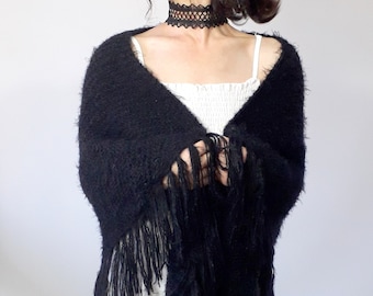 Black mohair evening shawl, bridal wedding wrap, handmade lace scarf
