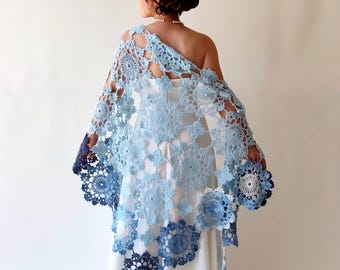 Chal de noche de mohair azul, estola nupcial, bufanda de encaje hecha a mano