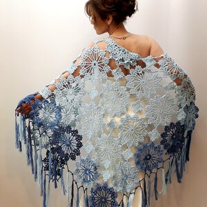 Blue boho shawl, lacy evening wrap, handmade fringed scarf image 3