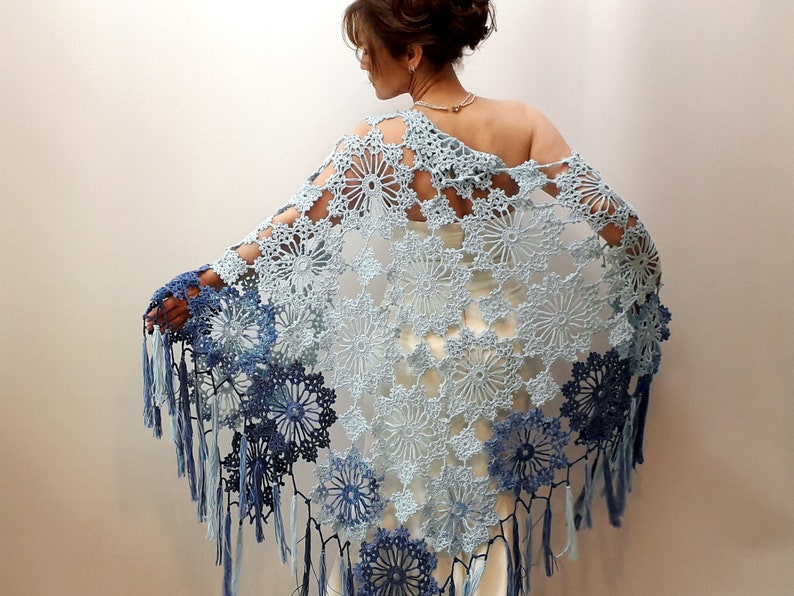 Blue boho shawl, lacy evening wrap, handmade fringed scarf image 3