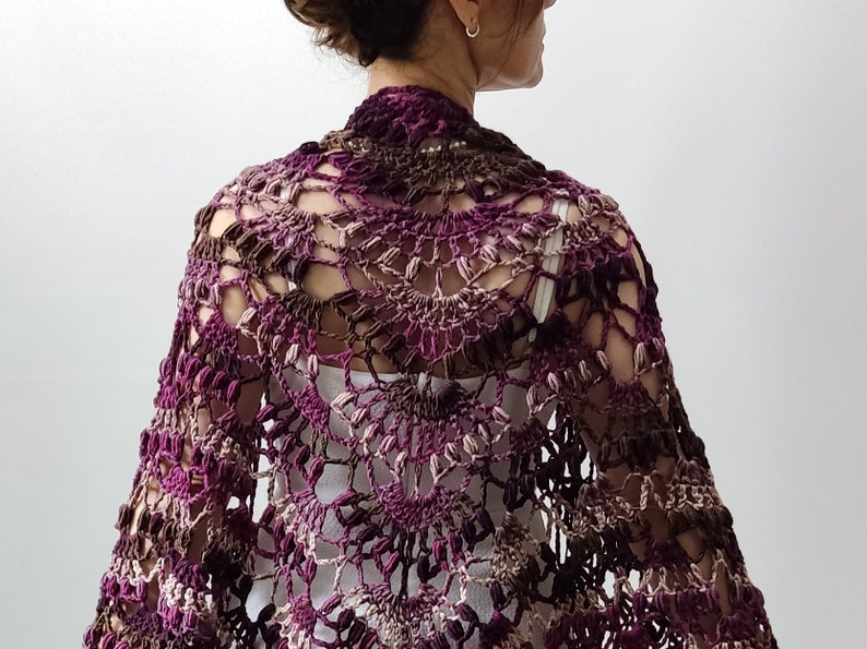 Plum shawl, purple boho wrap, aubergine cover up, crochet multicolor shawl, gift for her, bridal, shops wedding, vegan, fringed, large, READY