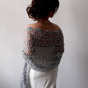 Gray shawl, mohair evening stole, bridal wedding shawl, mother of the bride wrap, lacy bridesmaid gift, crochet lace scarf