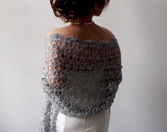 Gray shawl, mohair evening stole, bridal wedding shawl, mother of the bride wrap, lacy bridesmaid gift, crochet lace scarf