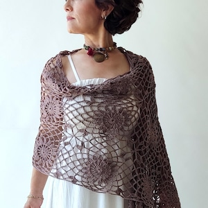 Taupe brown shawl, mocha boho stole, cotton evening scarf, bridal wedding shawl, gift for her, fringed cover up, lacy summer wrap
