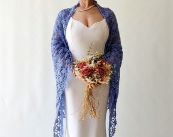 Azure blue shawl, bridal wedding shawl, lace evening scarf, mohair bridesmaid gift, fall winter wedding, gift for her, crochet lacy wrap