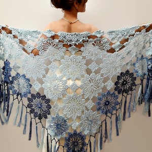Blue boho shawl, lacy evening wrap, handmade fringed scarf