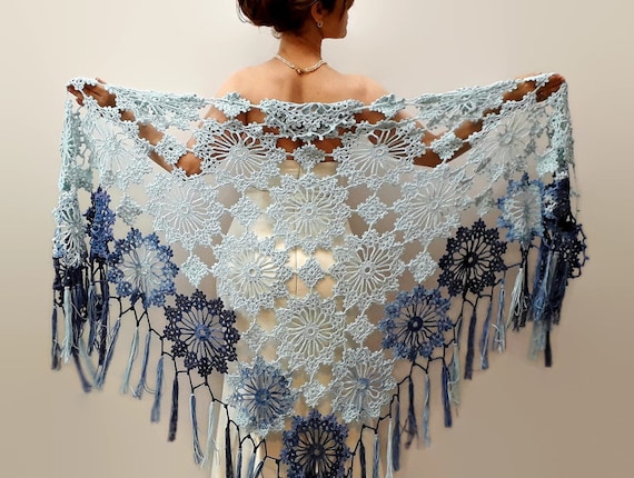 Blue boho shawl, lacy evening wrap, handmade fringed scarf
