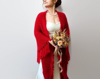 Red evening shawl, knitted fuzzy wrap, bridal cover up, wool wedding shawl, fall winter, bridesmaid gift, warm, fringed, mohair, gift