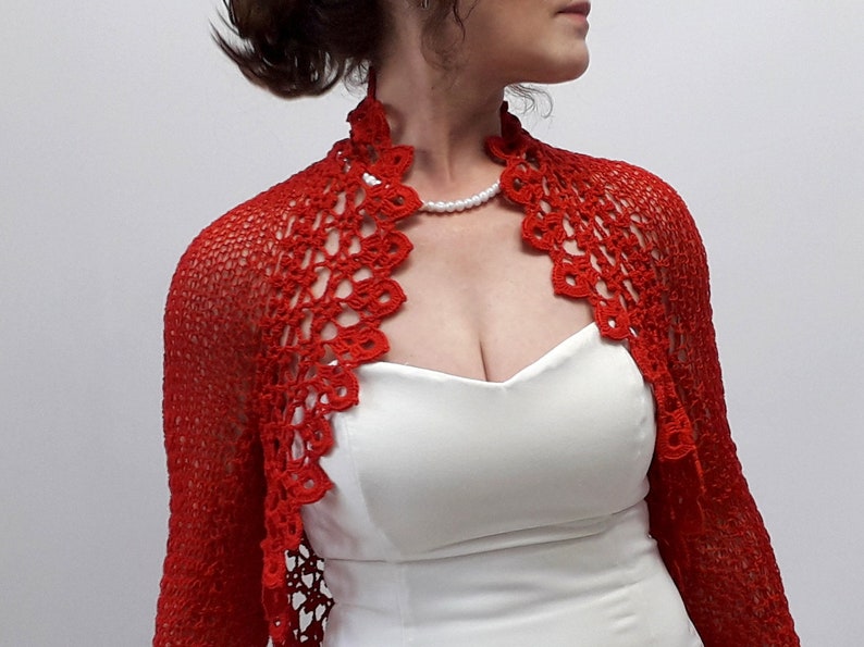 knit shrug Red bolero shrug evening jacket wedding shrug long sleeve lace sweater gift fast shipping crochet bolero XS-4X lacy top
