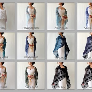 May include: A collection of crochet shawls in various colors, including white, powder blue, aqua blue, azure blue, turquoise, denim blue, teal blue, navy blue, pale sage, dark sage, black, and black with glitter. The shawls are shown draped over a white dress.