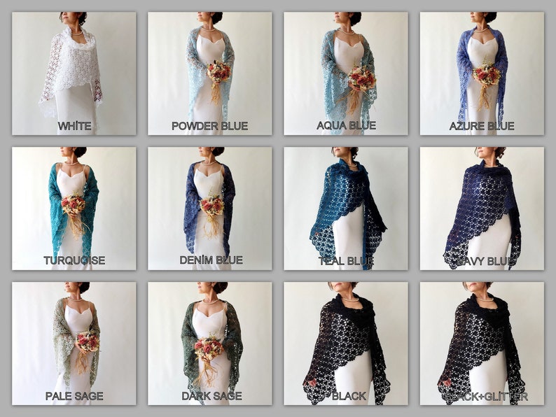 May include: A collection of crochet shawls in various colors, including white, powder blue, aqua blue, azure blue, turquoise, denim blue, teal blue, navy blue, pale sage, dark sage, black, and black with glitter. The shawls are shown draped over a white dress.