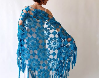 Turquoise cotton shawl, blue evening wrap, fringed lacy scarf, summer cover up