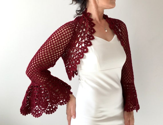 Avond de bolero, zomer jas, Bell mouw trui, gehaakte wijn Cardigan, bordo, Bordeaux Lace top, bruiloft Bolero, XS 4XL, snelle verzending Avond de bolero, zomer jas, Bell mouw trui, gehaakte wijn Cardigan, bordo, Bordeaux Lace top, bruiloft Bolero, XS 4XL, snelle verzending