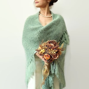 Sage green wedding shawl, knit fuzzy wrap, mint bridal cover up, wool shawl, fall winter wedding, bridesmaid gift, warm, fringed, mohair