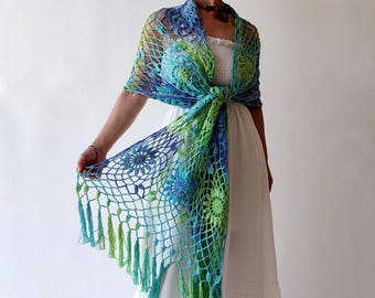 Chal de algodón azul, estola de noche verde lima, chal bohemio con flecos, chal de novia para boda