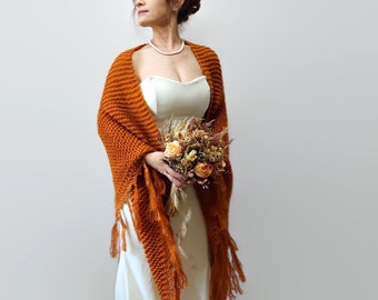 Burnt orange shawl, cinnamon wrap, rust scarf, mohair wool wrap, bridal cover up, fall winter wedding, bridesmaid gift, boho, fringed