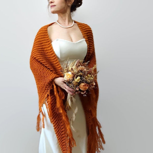 Burnt orange shawl, cinnamon wrap, rust scarf, mohair wool wrap, bridal cover up, fall winter wedding, bridesmaid gift, boho, fringed