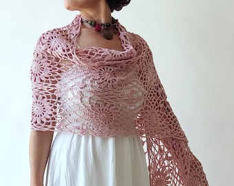 Dusty rose cotton shawl, blush lacy wrap, pale pink scarf