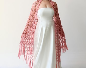 Chal de noche rosa empolvado, chal de malla rosa pálido con flecos, bufanda transparente de encaje