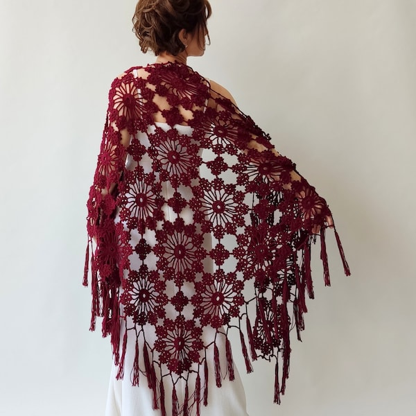 Burgundy cotton shawl, maroon evening wrap, wine boho scarf, summer cover up, gift for her, bridal wedding shawl, fringed lace wrap