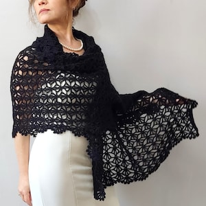Black mohair shawl, evening stole, bridal wedding shawl, mother of the bride wrap, lacy bridesmaid gift, crochet lace scarf