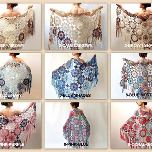 May include: Nine crocheted shawls with fringe, each featuring a different color combination. The shawls are displayed on models against a white background. The colors include ivory, brown, camel, blue, navy, mustard, pink, purple, coral, and gray.