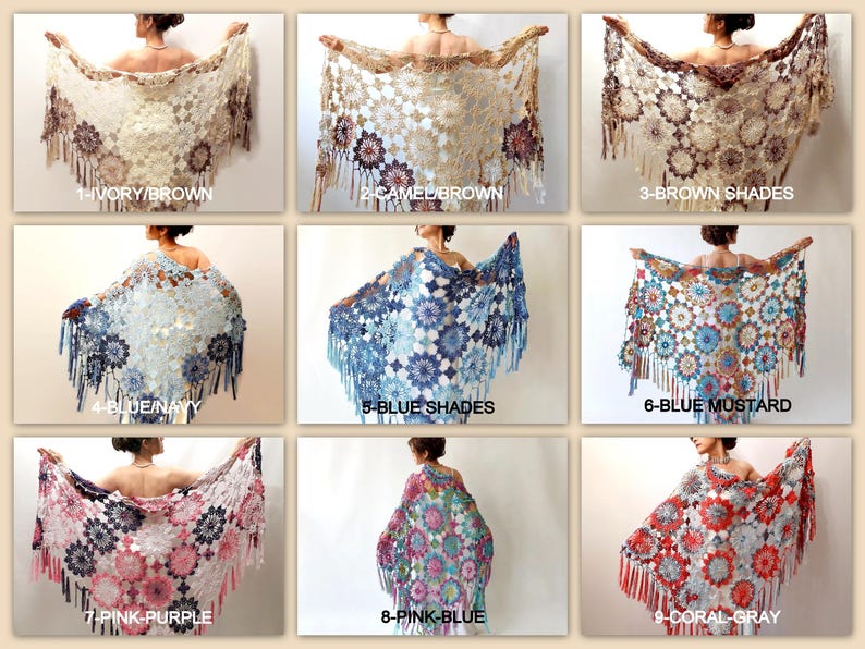 May include: Nine crocheted shawls with fringe, each featuring a different color combination. The shawls are displayed on models against a white background. The colors include ivory, brown, camel, blue, navy, mustard, pink, purple, coral, and gray.