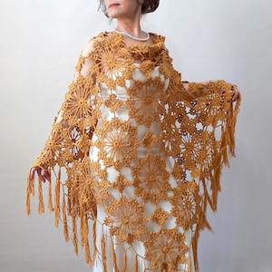 Mustard cotton shawl, yellow evening scarf, bridal wedding wrap, gift for her, fringed summer shawl, crochet triangular cover up, handmade