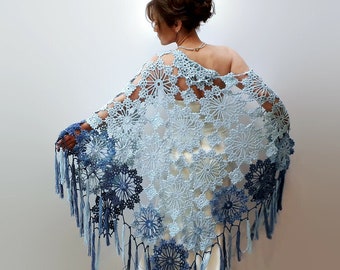 Blue evening shawl, crochet multicolor scarf, cotton shawl, triangular wedding wrap, boho scarf, fringed shawl, gift for her, summer wrap