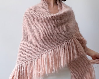 Chal de noche de mohair color rosa empolvado, estola nupcial color rubor, bufanda de encaje hecha a mano