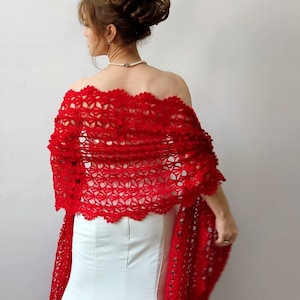 Red shawl, mohair evening stole, bridal wedding shawl, mother of the bride wrap, lacy bridesmaid gift, crochet lace scarf, handmade shawl