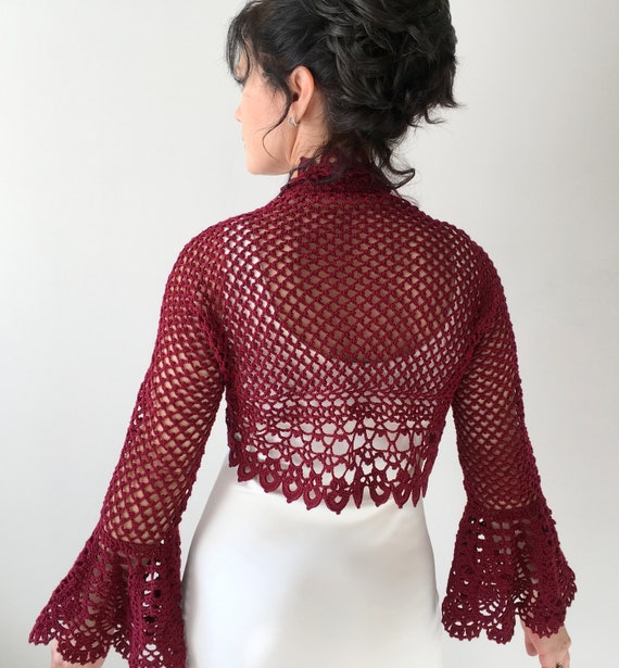 Avond de bolero, zomer jas, Bell mouw trui, gehaakte wijn Cardigan, bordo, Bordeaux Lace top, bruiloft Bolero, XS 4XL, snelle verzending Avond de bolero, zomer jas, Bell mouw trui, gehaakte wijn Cardigan, bordo, Bordeaux Lace top, bruiloft Bolero, XS 4XL, snelle verzending