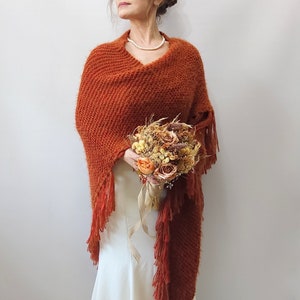 Burnt Orange mohair evening shawl, rust bridal wedding wrap, handmade wool scarf image 5
